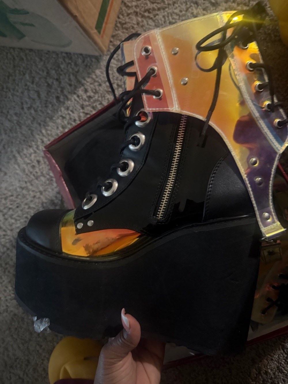 Demonia Iridescent Black Lace-Up Platform Ankle Boots - Picture 2 of 10